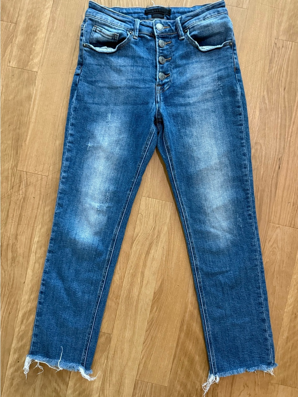 Slim Straight Women’s Washed Blue Jeans with Button-Fly